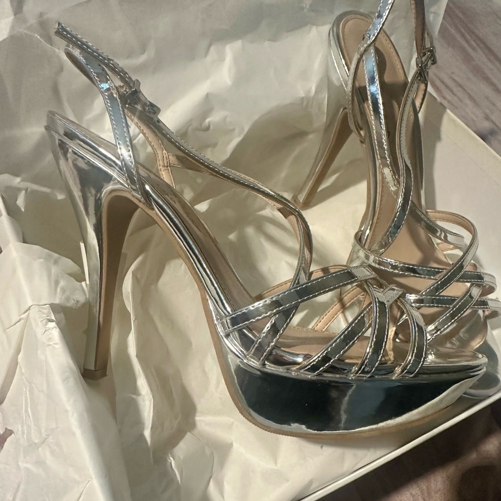 Nina Silver Strappy Heels with Metallic Finish